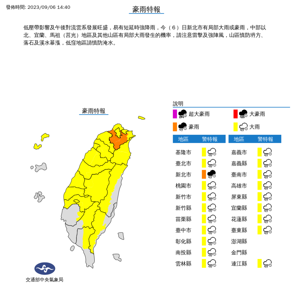 氣象局對全台20縣市發布豪大雨特報。 圖：取自中央氣象局