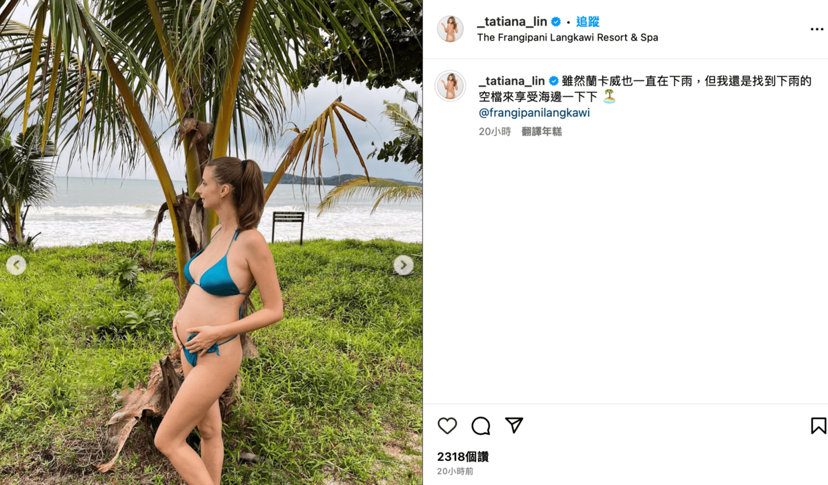 佳娜分享自己的比基尼辣照，大方展現孕肚。 圖：翻攝自IG＠_tatiana_lin