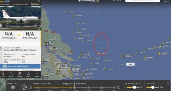 隸屬於美國空軍的一架 WC-135R 核戰略偵察機，闖入中國東海識別區後逼近中國海岸線附近。 圖 : 翻攝自中國智庫「南海戰略態勢感知」