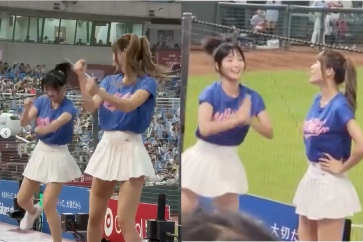 籃籃在球場上激動應援的樣子嚇到站在一旁的Yuri。 圖：翻攝自IG＠lan0716
