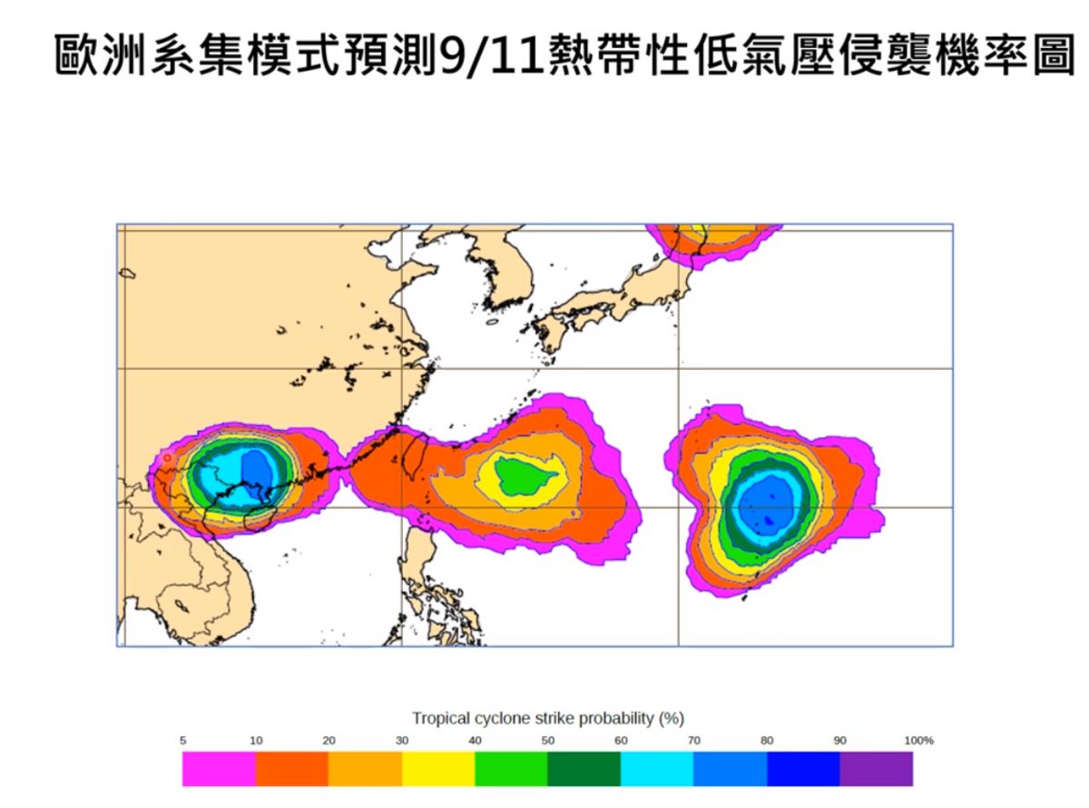 台灣東邊有2個熱帶擾動，其中成颱機率最高的有7、8成，生成時間可能在週日和下週一。 圖：取自賈新興YT頻道