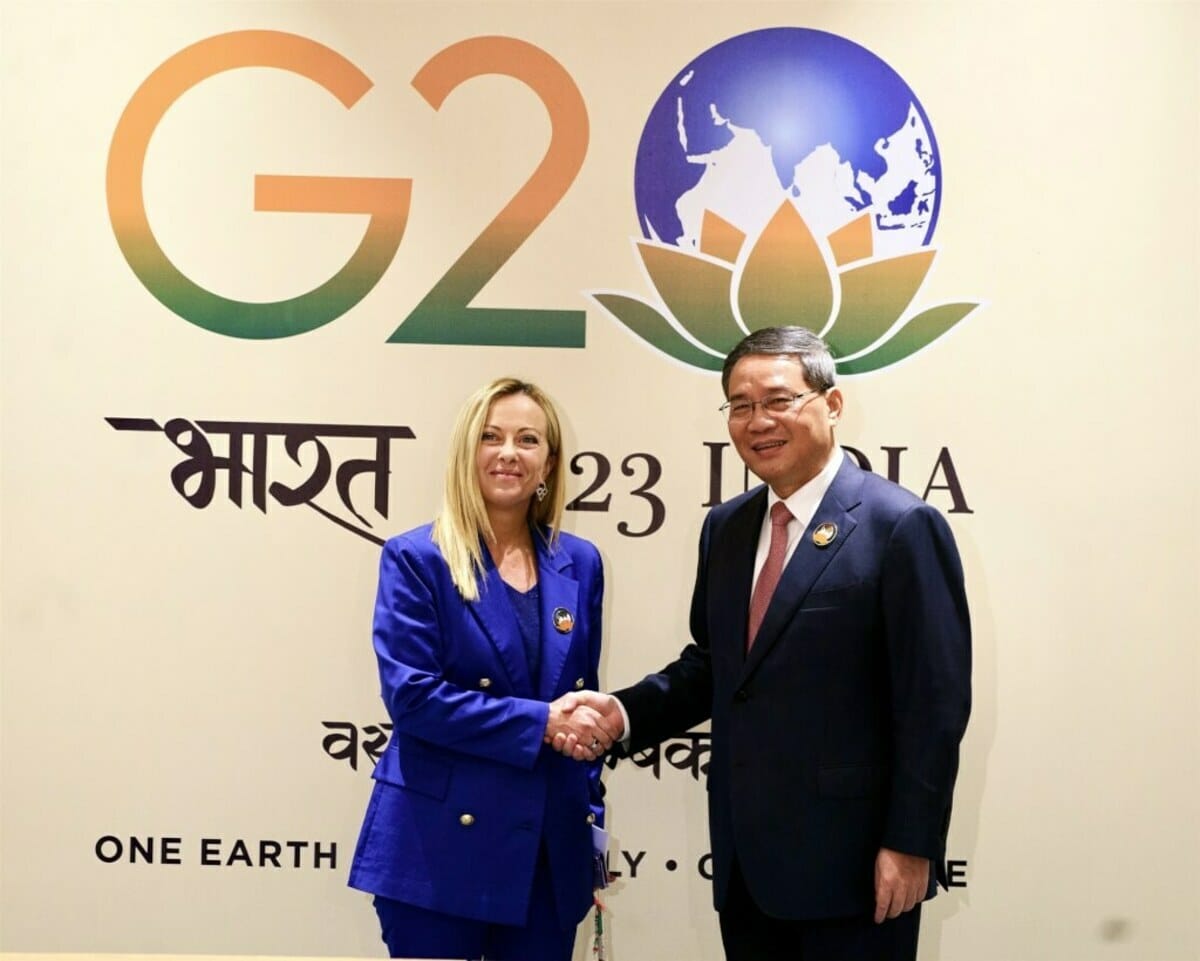 義大利總理梅洛尼9日在G20峰會上與中國國務院總理李強會面。 圖：取自twitter.com/Palazzo_Chigi