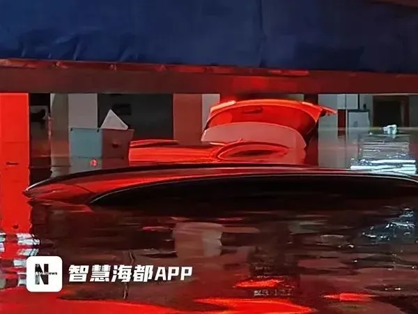 福州倉山濱海橙里小區業主表示，因暴雨影響，小區地下車庫積水，其嚴重程度，有 200 輛汽車被泡在積水中。 圖：翻攝自海峽都市報