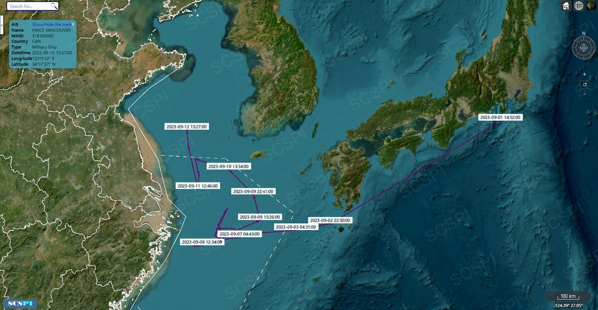 加拿大皇家海軍「溫哥華號」護衛艦航跡圖，12日駛入黃海海域。 圖：翻攝「X」@SCS_PI