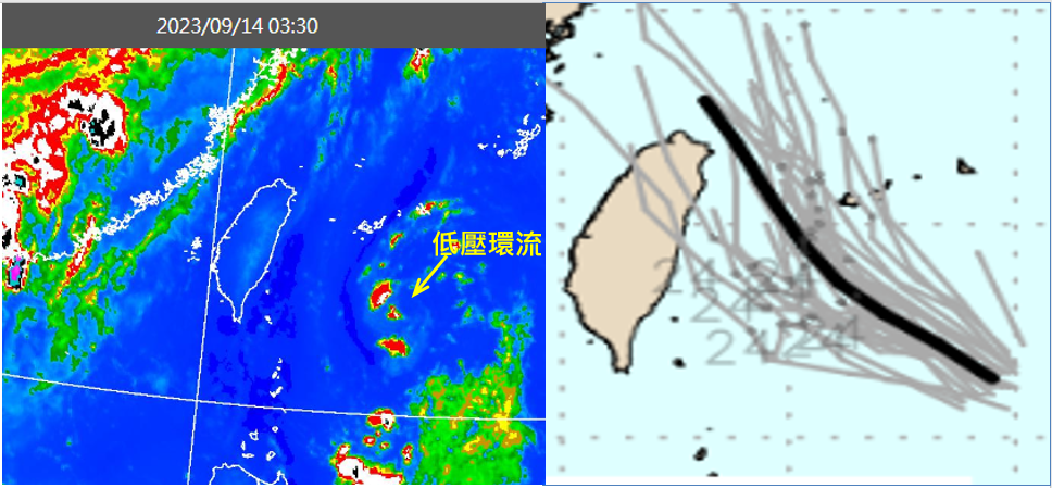 今台灣東方海面有一低壓環流(左圖)，最新美國系集模式(GEFS)模擬，其路徑向台灣東北方海面(右圖)。 圖：翻攝自老大洩天機專欄