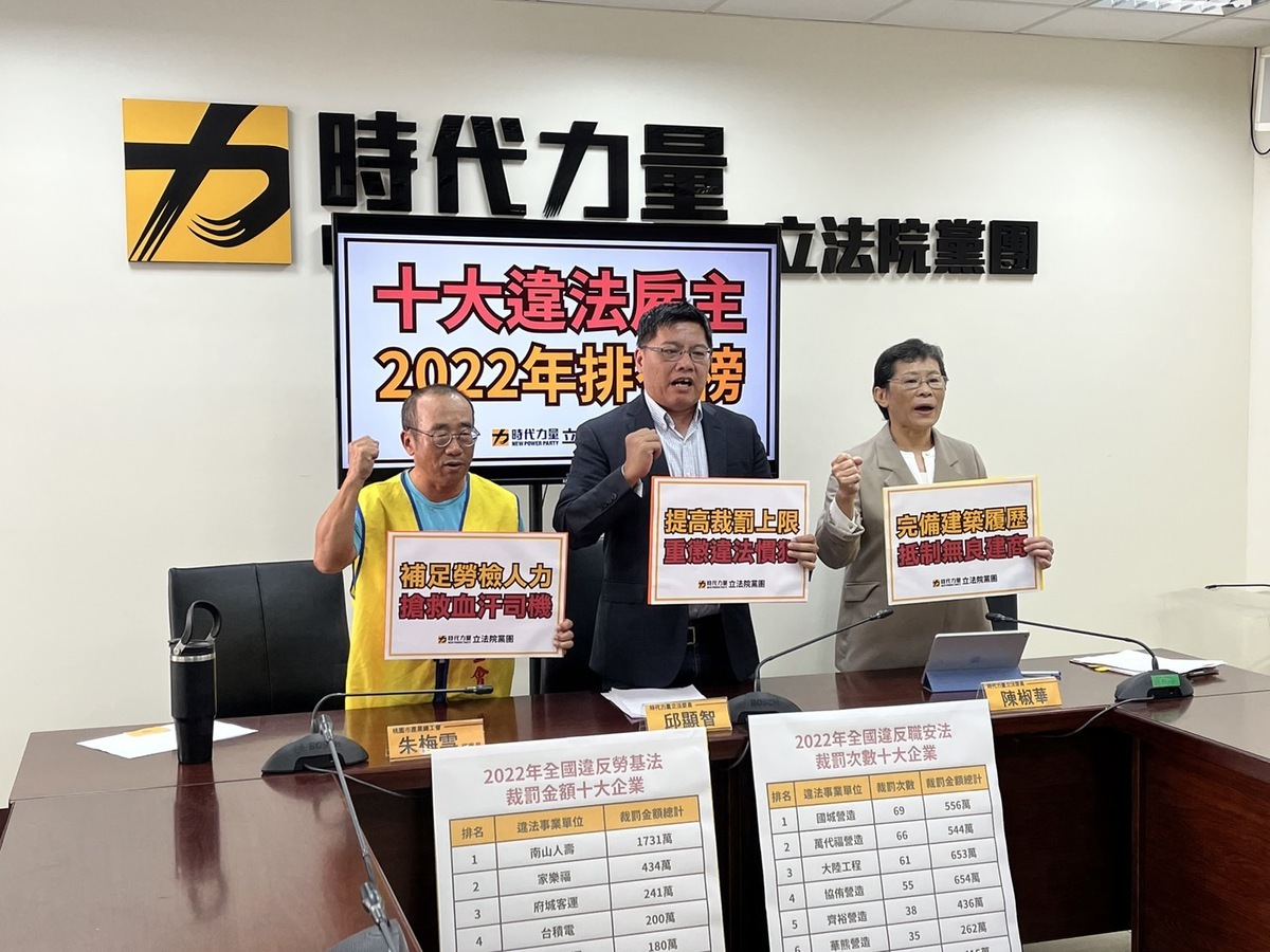 時代力量立法院黨團今(15)日召開記者會，公布2022年違反勞基法、職安法前十大違法大戶名單。 圖：金大鈞/攝