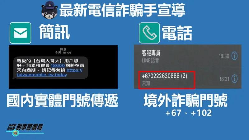 內政部刑事局提醒，語音詐騙電話已從「＋886」變成「＋67」、「＋102」，民眾需多加留意。 圖：翻攝自刑事局