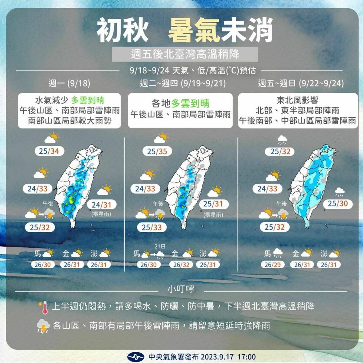 下週天氣一圖看。 圖：翻攝自中央氣象署臉書