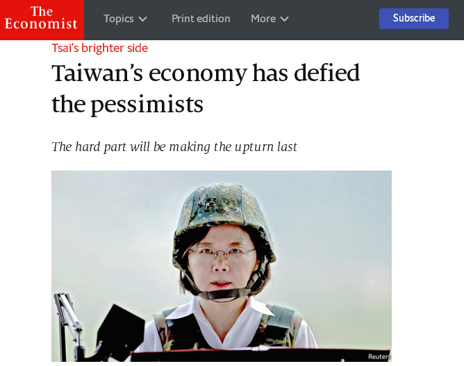 《經濟學人》認為蔡英文上台以來，悄悄贏得投資人的心，使台灣成為亞洲表現最好的股匯市之一。 圖：翻攝《經濟學人》