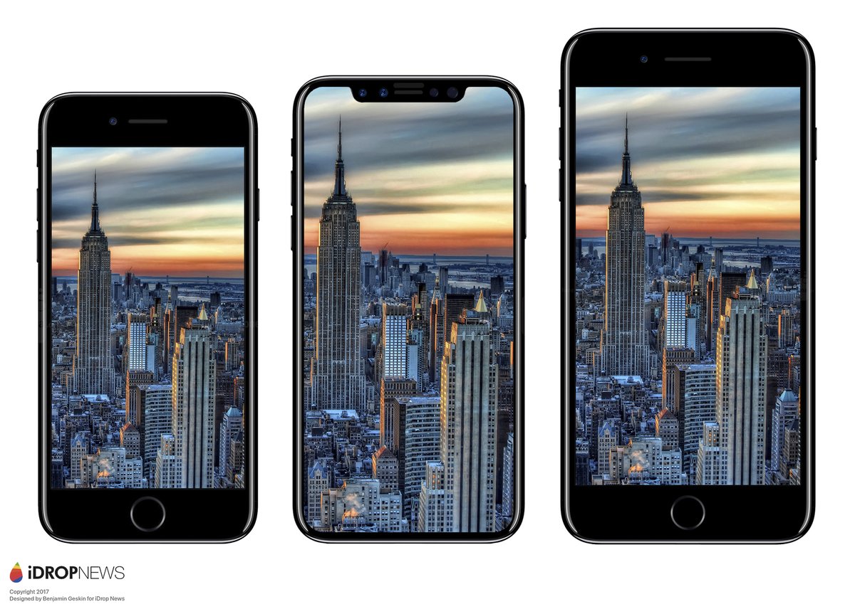 iPhone 8手機外型有所變更，此為與前代iPhone的比較圖；依序是iPhone 7、iPhone 8、iPhone 7+。 圖：翻攝自iDrop News