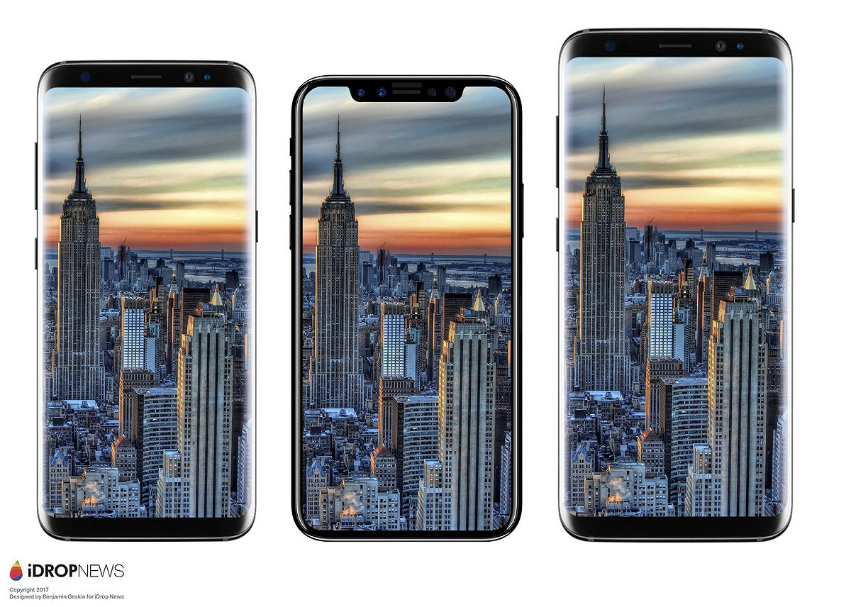 此為與Samsung S8系列的比較圖；依序是S8、iPhone 8、S8+。 圖：翻攝自iDrop News