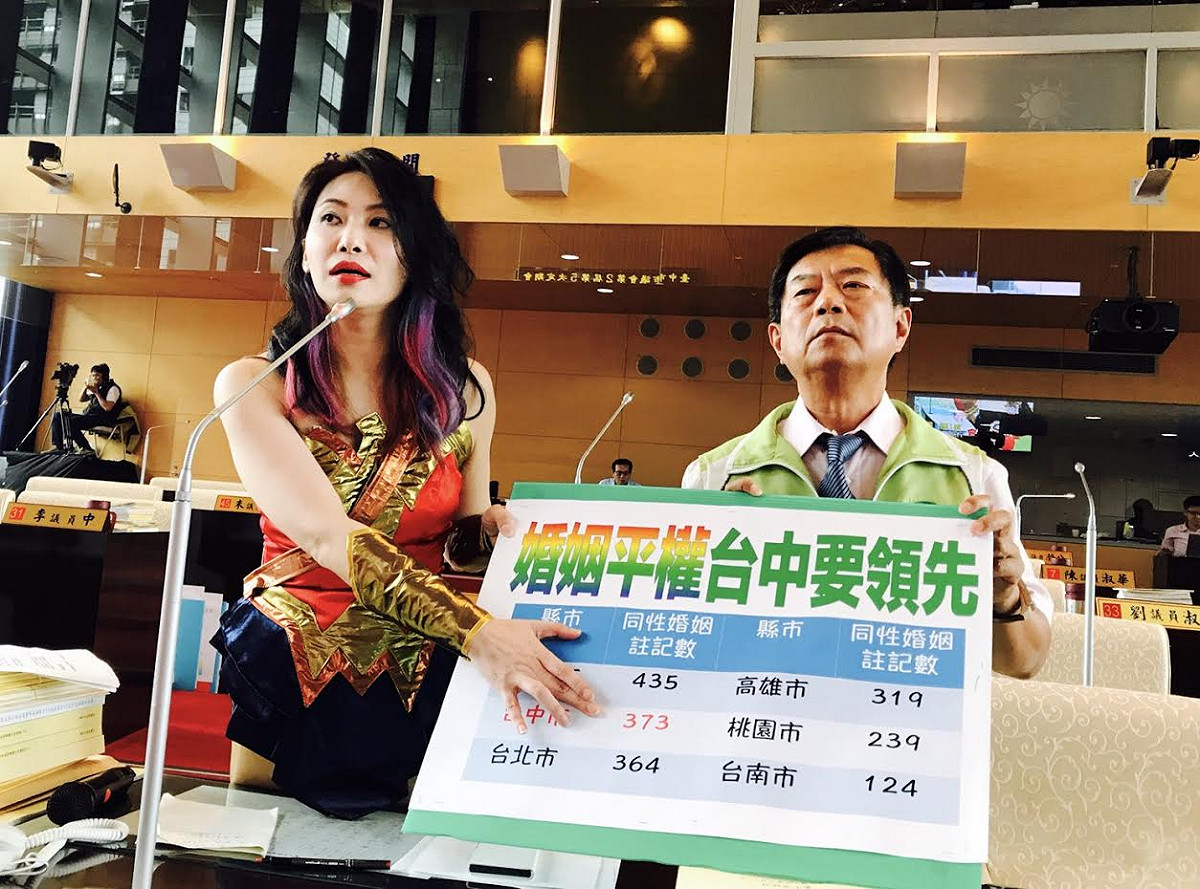 台中市議員賴佳微（左）與鄭功進關心同志平權議題。 圖：市議員賴佳微/提供