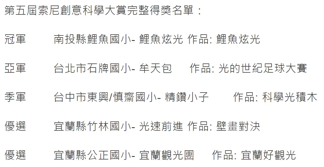 本次SONY舉行的科學競賽，總共遴選出五組優秀的隊伍。 圖：翻攝自