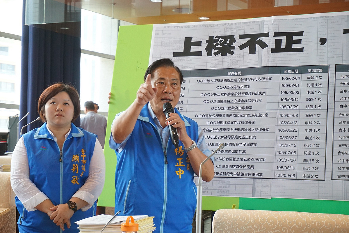 國民黨籍市議員楊正中、顏莉敏指林佳龍「上樑不正，下樑就歪」。 圖 : 台中市議員顏莉敏/提供