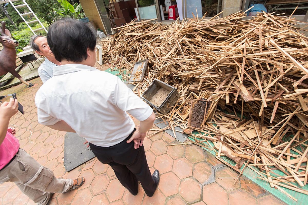 基隆市長林右昌8日前往山區瞭解農作損害，蜂箱損害嚴重 基隆市政府提供