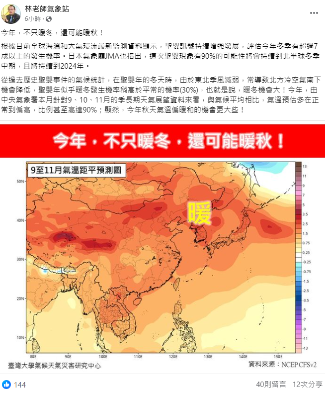 在聖嬰年的冬天時，由於東北季風減弱，常導致北方冷空氣南下機會降低，聖嬰年似乎暖冬發生機率稍高於平常的機率30％。 圖：翻攝自林老師氣象站