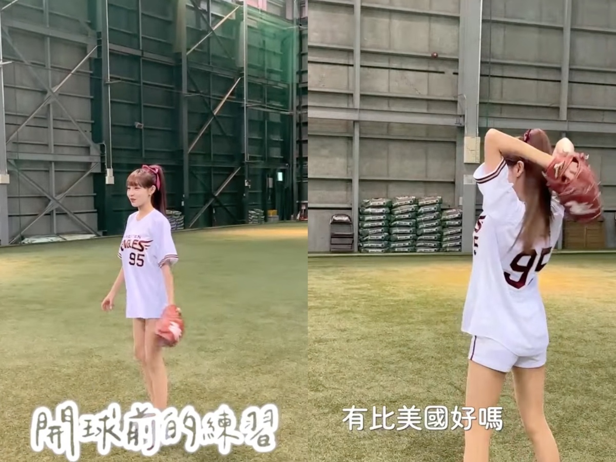 近日林襄為日職東北樂天金鷲隊開球，賽前她十分努力練習。 圖：翻攝自YT／Hello 林襄