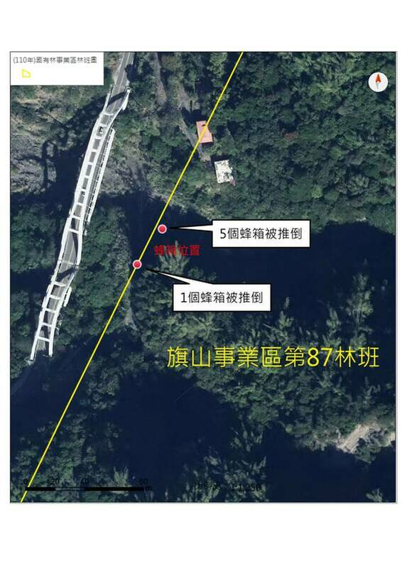 蜂箱(巢)遭黑熊滋擾位置。 圖：翻攝自林業保育署屏東分署官網
