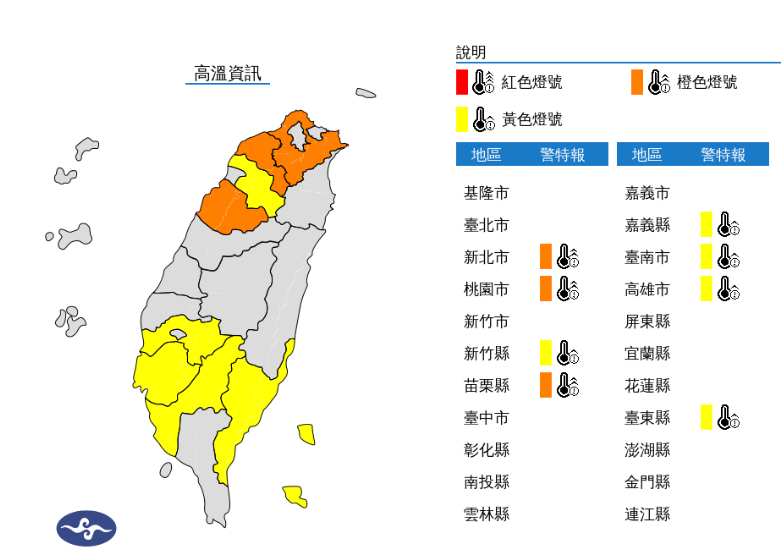 今(24)日中午前後新北市、桃園市、苗栗縣為橙色燈號，有連續出現36度高溫的機率；新竹縣、嘉義縣、台南市、高雄市、台東縣地區為黃色燈號。 圖片來源/中央氣象局