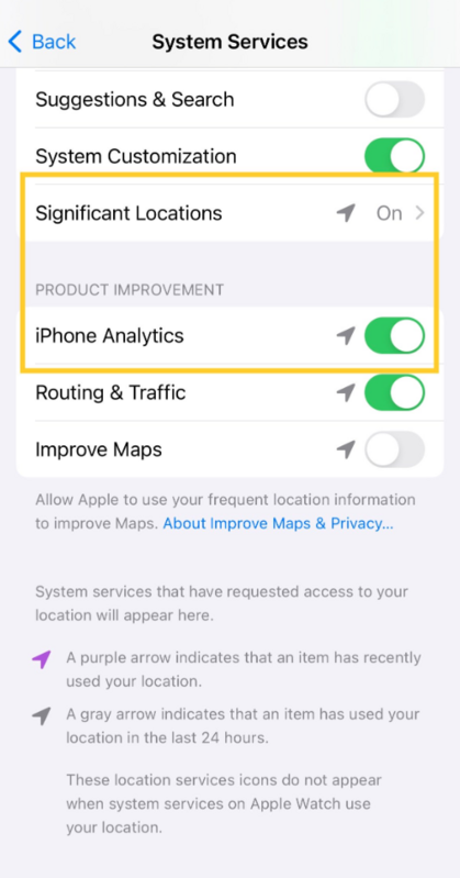 Mysk表示使用者可以自行操作手機檢查，將「重要位置」及｢iPhone 分析」功能手動關掉。 圖：翻攝自Mysk X