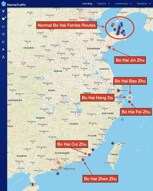 根據船舶自動識別系統(AIS)顯示，中國「渤海輪渡」集團至少有6艘同等級「客滾輪」離開常態運營的黃海海線沿中國東海岸南下。 圖：翻攝「X」@tshugart3
