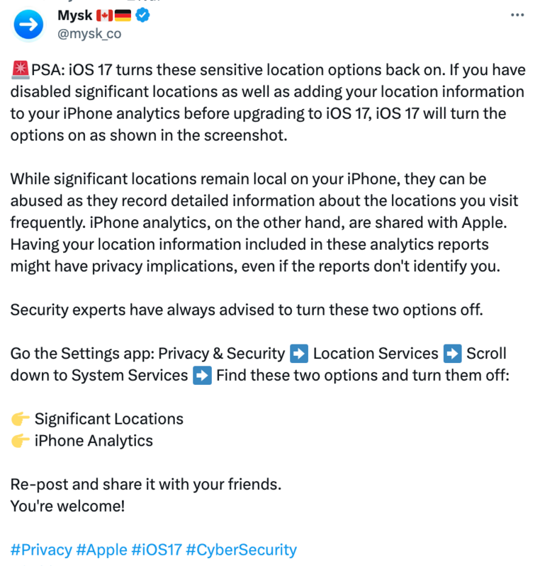 Mysk警告，「重要位置」及｢iPhone 分析」開啟恐被有心人士盜用的風險。 圖：翻攝自Mysk X