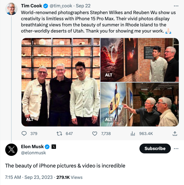 著名攝影師斯蒂芬．威爾克斯(Stephen Wilkes)和魯本．吳(Reuben Wu)用iPhone 15 Pro Max拍攝的照片，吸引馬斯克留言大讚，「這些用iPhone拍的照片和影像美到不可思議！」 圖：取自馬斯克的X(推特)