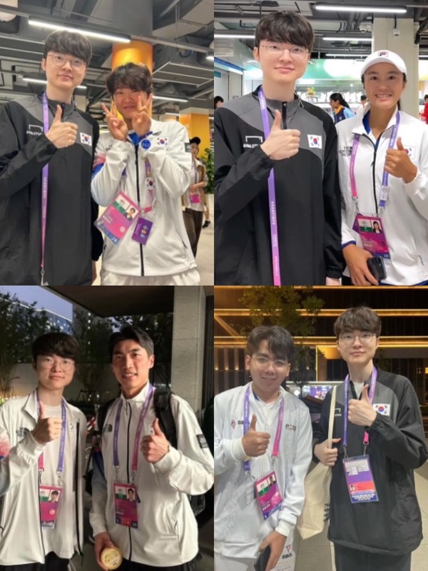 亞運各國選手紛紛曬出跟Faker的合照。 圖：翻攝自微博