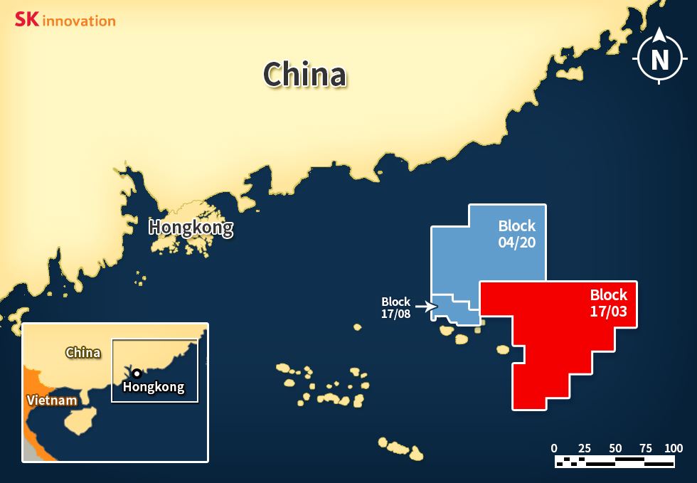 韓商「SK earthon」2015年與中國CNOOC簽約開發的「17/03區塊」位置。 圖：翻攝SK innovation官網