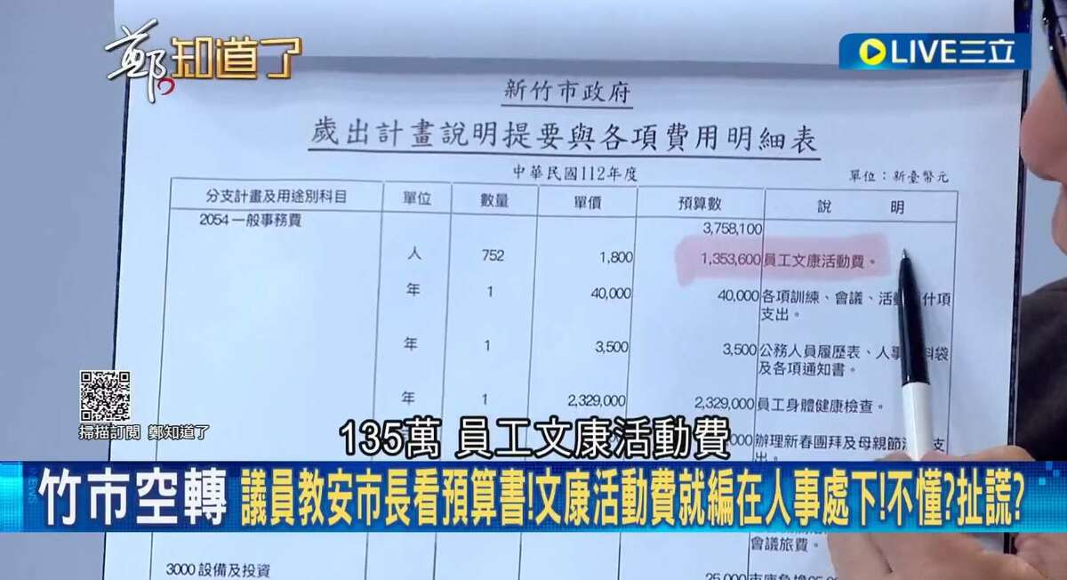 劉崇顯指出，從以前到現在，這筆文康活動費就是編在人事處預算科目，高虹安不是看不懂預算書，就是在說謊。 圖：截自「鄭知道了」直播