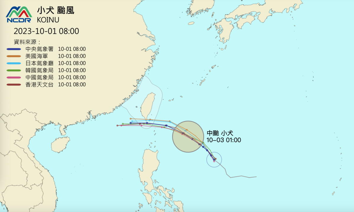 小犬颱風於昨(30)日凌晨生成，今日（10/1）8時的中心位置在北緯 17.4 度，東經 129.5 度，向西北前行。 圖：翻攝自NCDR watch