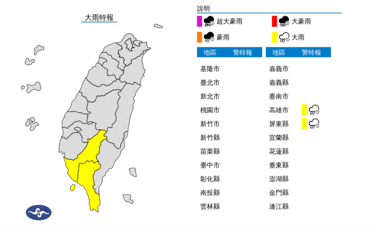 中央氣象署也在稍早針對高雄市、屏東縣發布大雨特報，提醒民眾注意雷擊、強陣風。 圖：翻攝自中央氣象署官網