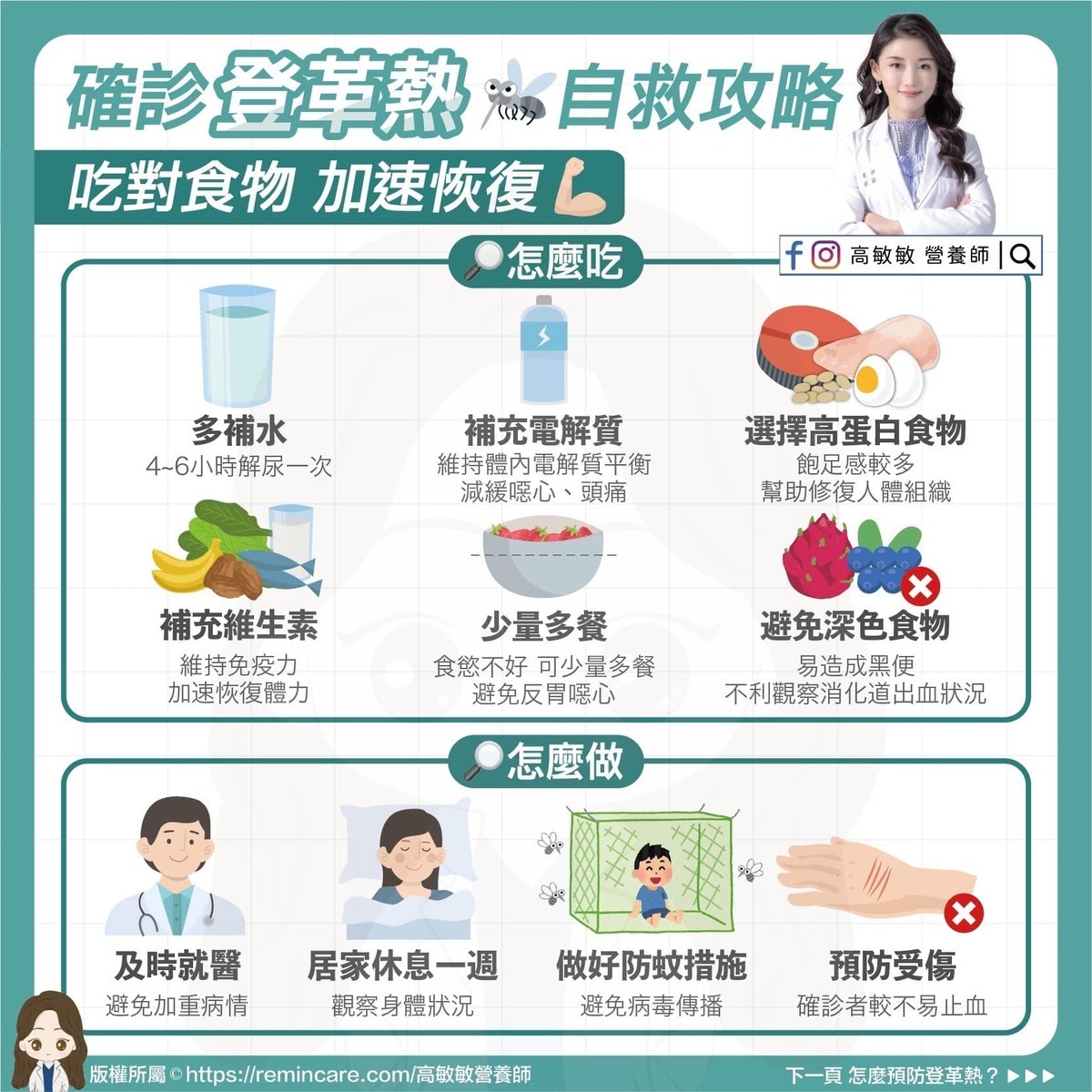 營養師高敏敏在臉書上貼文告訴民眾登革熱的相關症狀，並建議民眾「確診怎麼吃、怎麼做」的自救攻略。 圖：翻攝自高敏敏 營養師