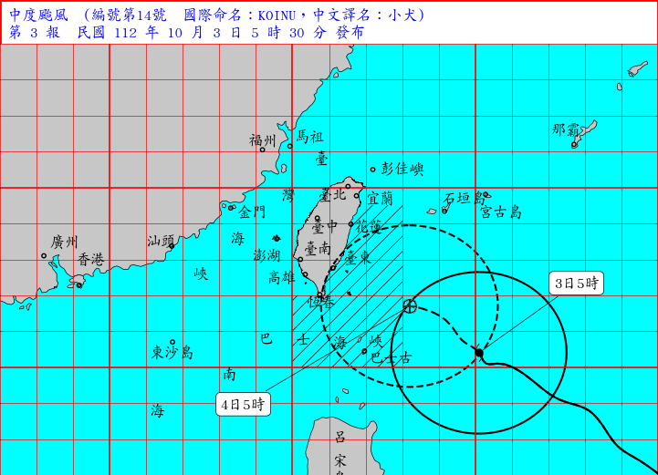 中度颱風「小犬」今天中心位置，在鵝鑾鼻的東南東方約470公里海面上，逐漸接近巴士海峽。 圖：中央氣象署／提供
