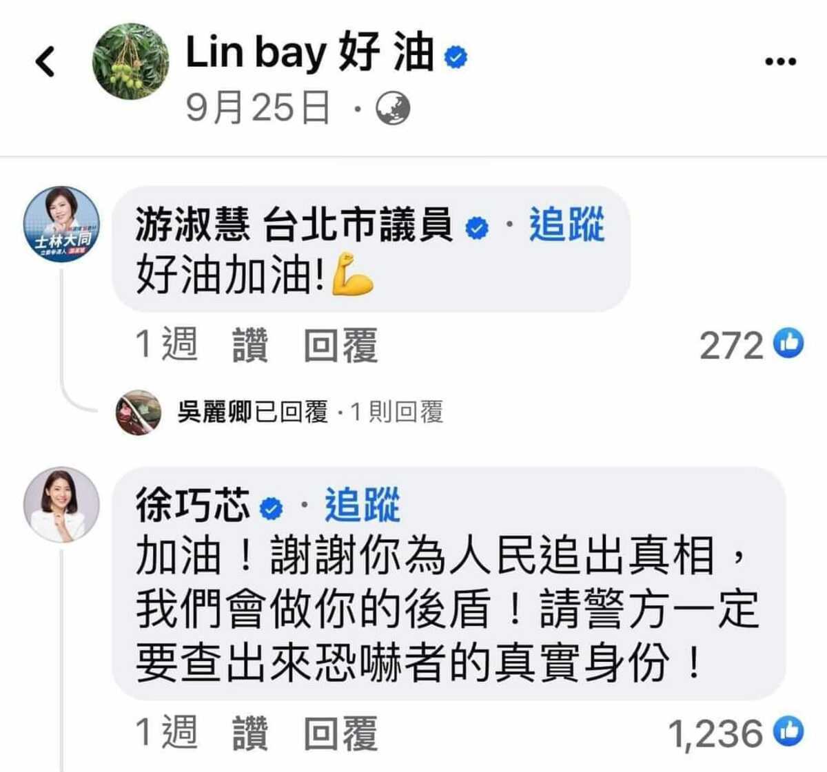 藍營網路社群兩大代表性人物，議員徐巧芯和游淑慧當時都曾聲援Lin bay好油，但涉及恐嚇以及自導自演詐欺案件的幕後黑手，就是自己的黨工同事。 圖:Lin bay好油臉書