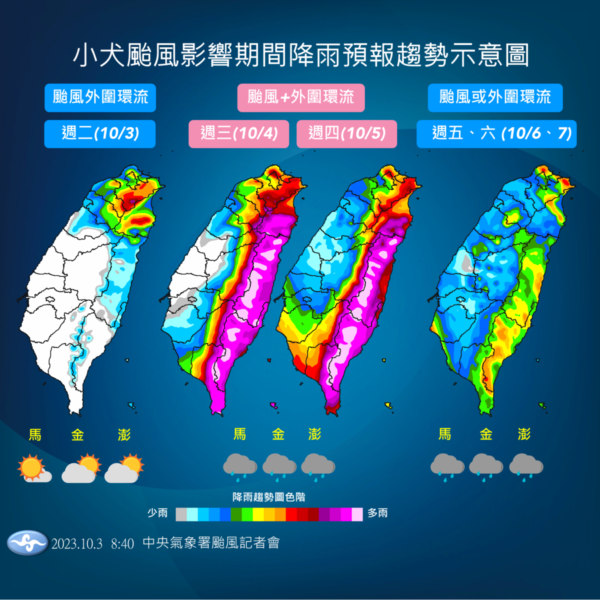明後天將是颱風影響最明顯的兩天，東半部將有豪雨或大豪雨。 圖：中央氣象署／提供