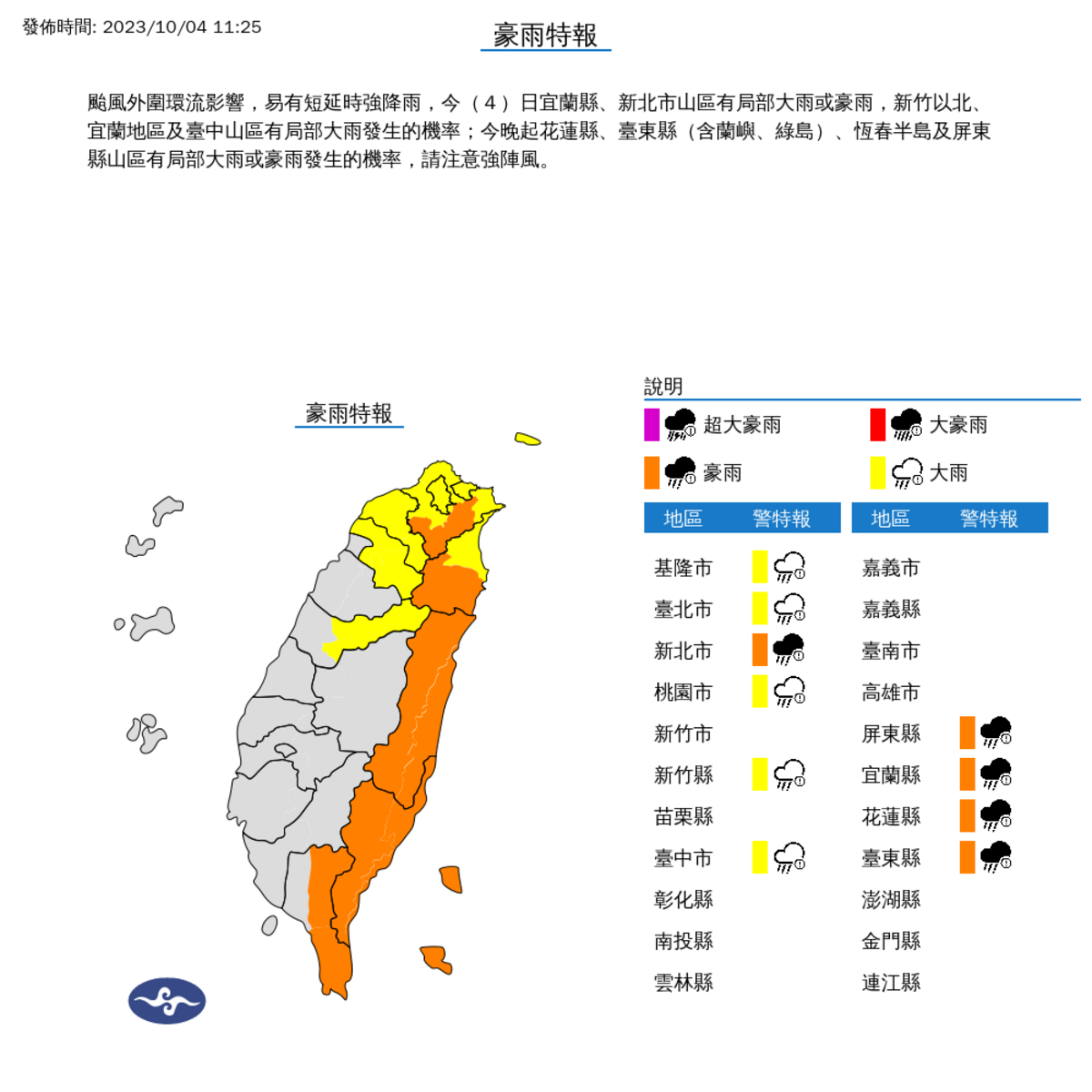 氣象局目前已對10縣市發布豪大雨特報。 圖：取自中央氣象局