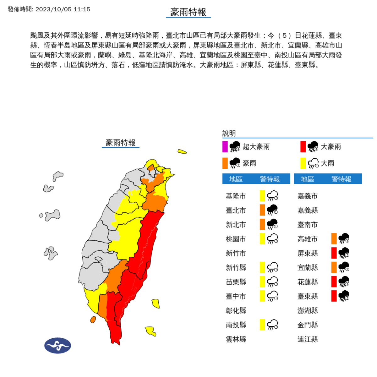 氣象署對13縣市發布豪大雨特報。 圖：取自中央氣象署