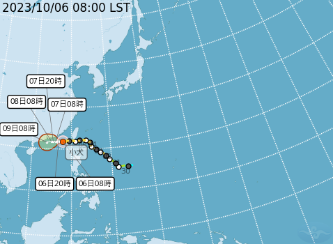 犬颱風慢慢地縮小遠離，目前中心在鵝鑾鼻西方海面，向西移動。 圖：取自中央氣象局