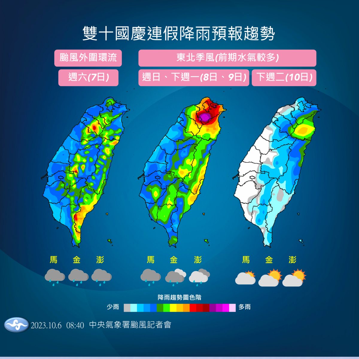 國慶連假降雨趨勢一圖看。 圖：取自中央氣象局