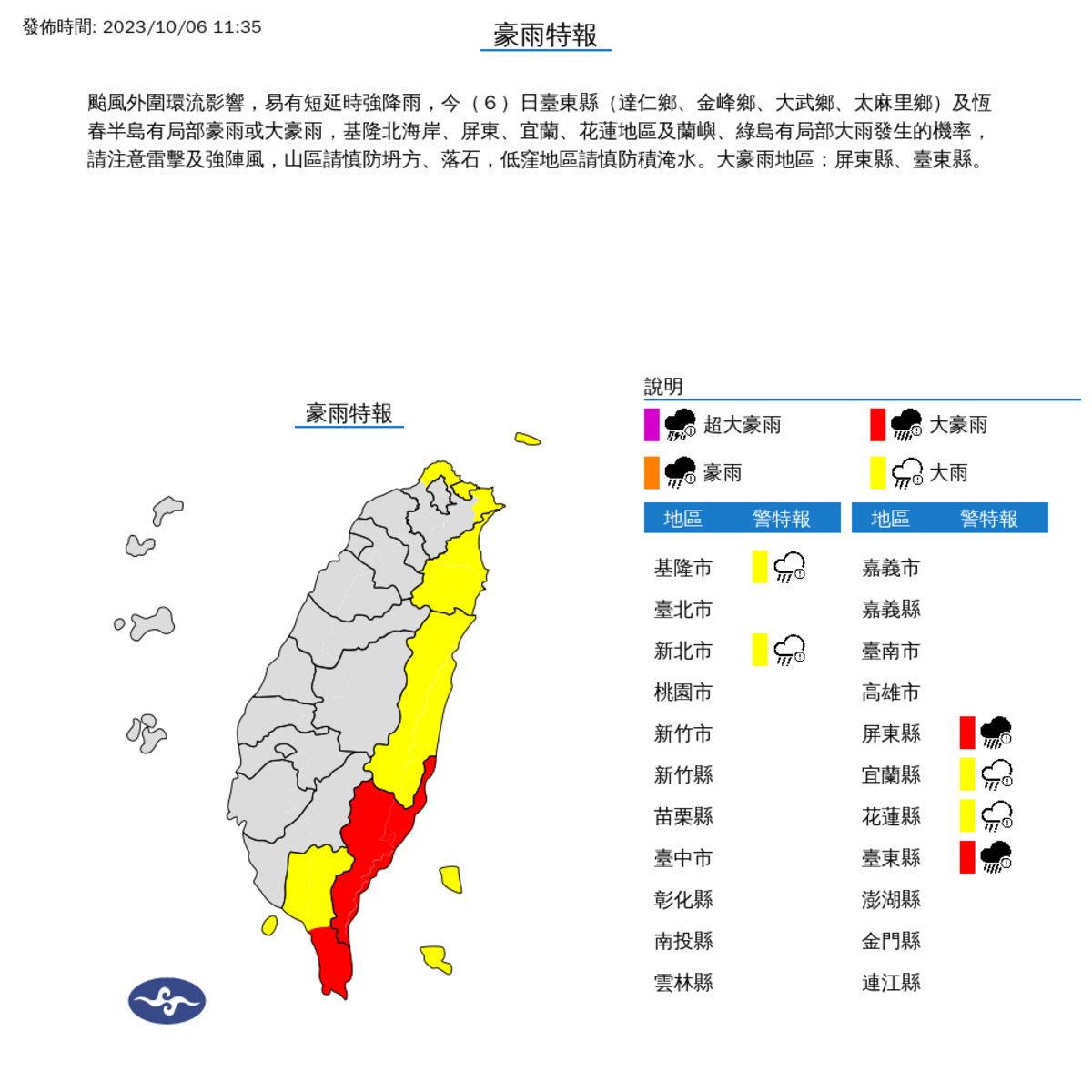 氣象署對全台6縣市發布豪大雨特報。 圖：取自中央氣象署