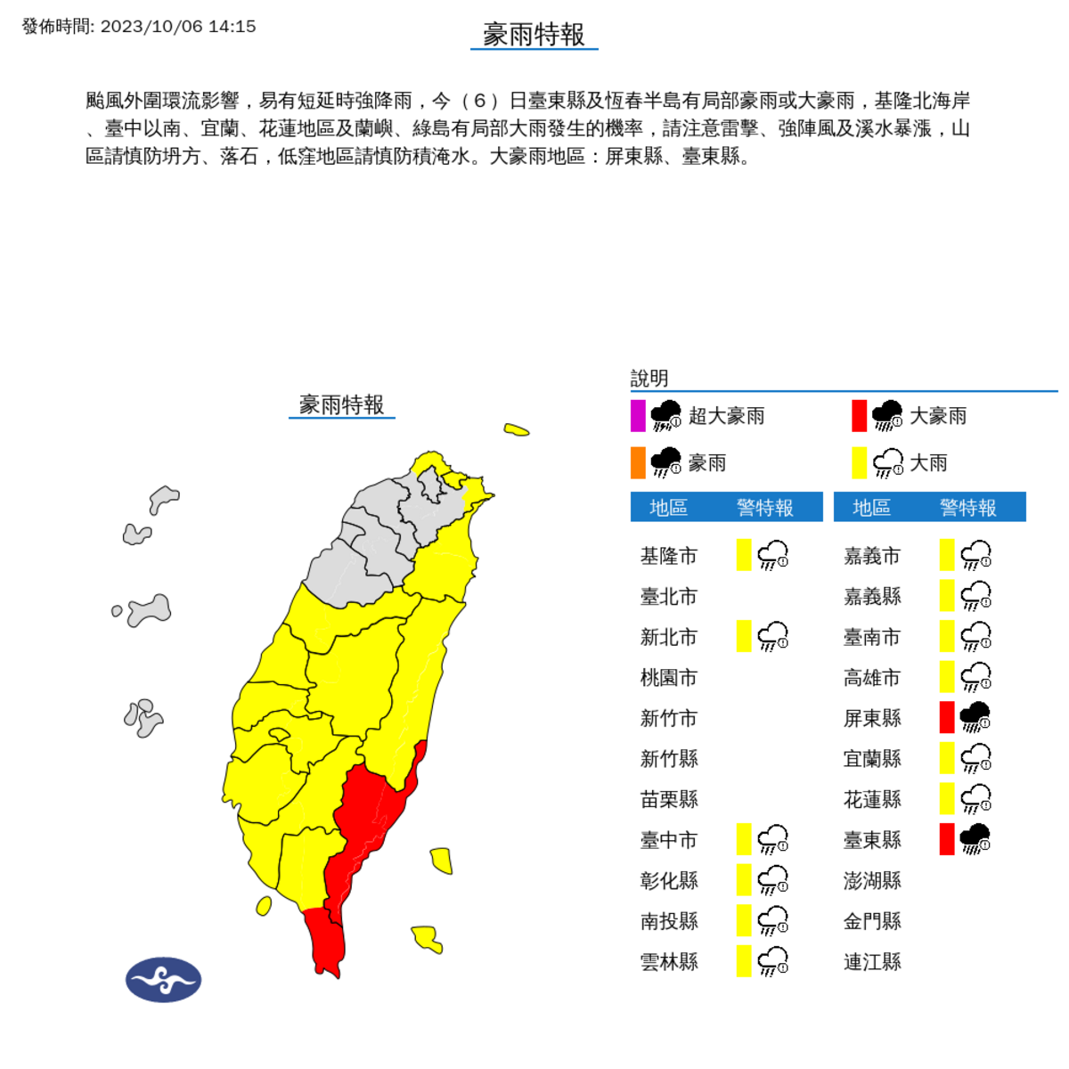 氣象署對全台14縣市發布豪大雨特報。 圖：取自中央氣象局
