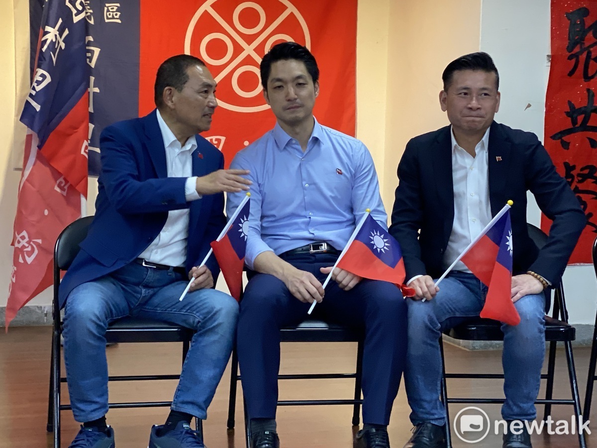 國民黨總統參選人侯友宜（左起）、台北市長蔣萬安、台北市議長戴錫欽。 圖：周煊惠 / 攝