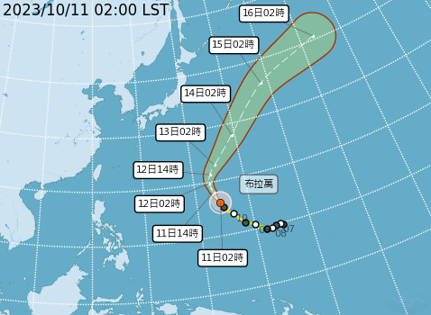 中度颱風「布拉萬」今天凌晨2時的中心位置，在關島北方290公里海面上，以每小時24公里的速度，朝北北西進行，對台灣無影響。 圖：中央氣象署／提供
