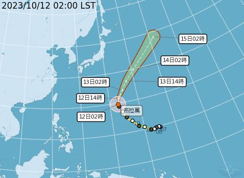 強烈颱風「布拉萬」今天凌晨2時的中心位置，在關島北北西方730公里海面上，以每小時17轉28公里的速度，朝關島北方而去。 圖：中央氣象署／提供