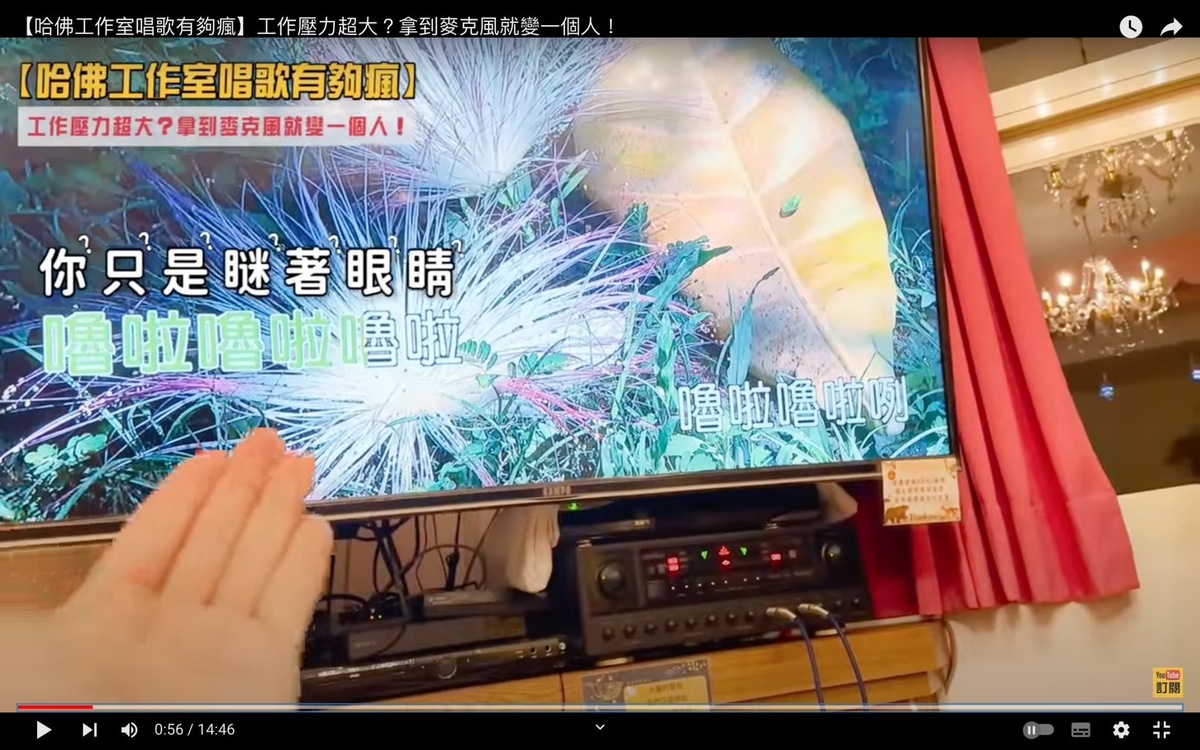 仔細一看螢幕上的歌詞，發現顯示的是「嚕啦啦嚕啦啦嚕啦嚕拉勒」，但蔡波能還在唱「你只是瞇著眼睛望著我」，落拍整整一句。 圖：翻攝自蔡阿嘎Life YT頻道