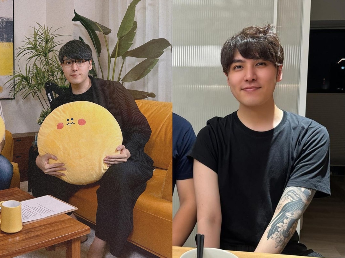 志祺七七一改平常黑框眼鏡和黑色西裝的搭配，改露出濃眉大眼。 圖：翻攝自IG＠rayduenglish、＠shasha77.daily