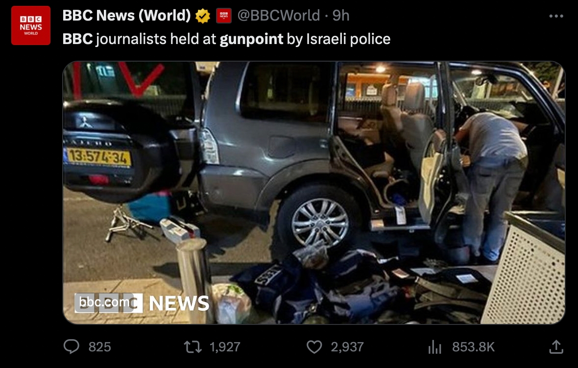 《BBC》聲明旗下記者遭以色列警方盤查，除了手機遭惡意砸毀，團隊成員更被打傷。 圖：擷自「X」@BBCWorld