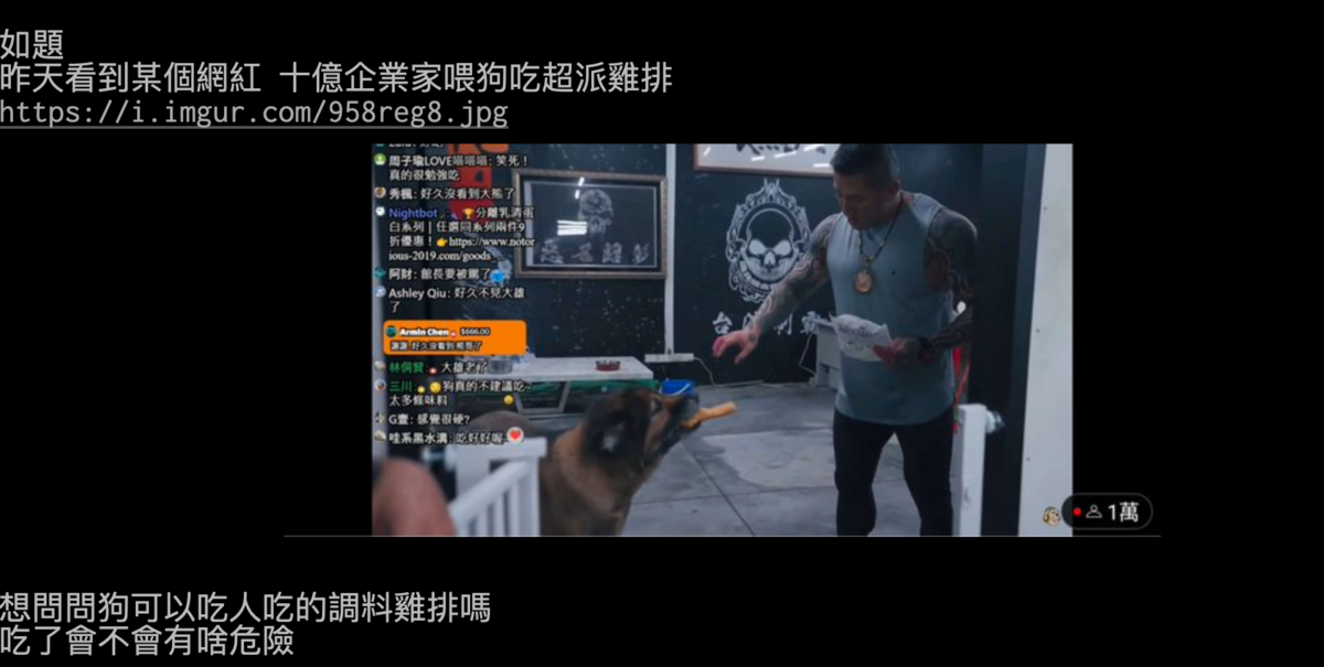 網友於PTT上表示，「昨天看到某個網紅，十億企業家餵狗吃超派雞排，想問問狗可以吃人吃的調料雞排嗎，吃了會不會有啥危險」。 圖：翻攝自PTT
