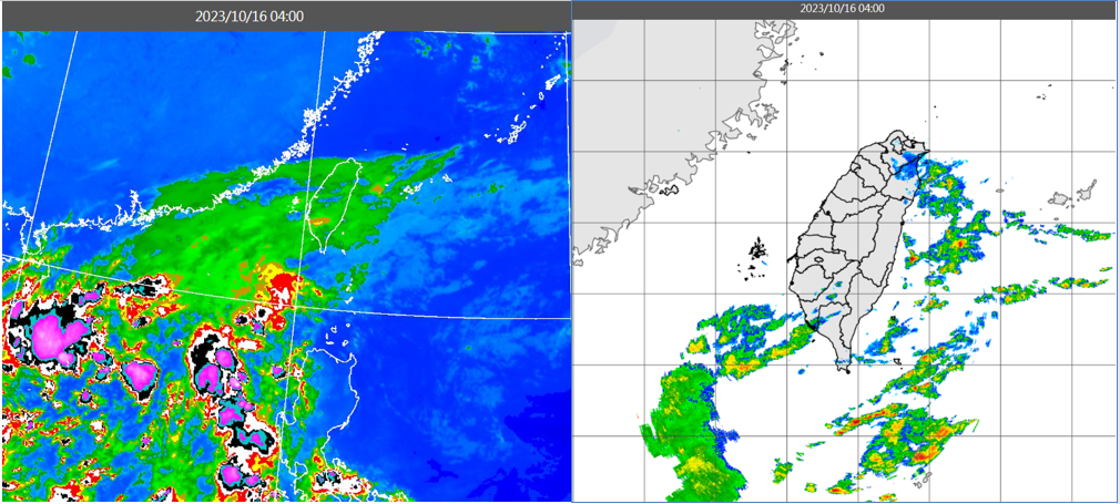 今日4時紅外線雲圖顯示，台灣上空有源自南海的中層雲(左圖)。雷達回波合成圖顯示，台灣上空的降水回波還不明顯。 圖：翻攝自老大洩天機專欄